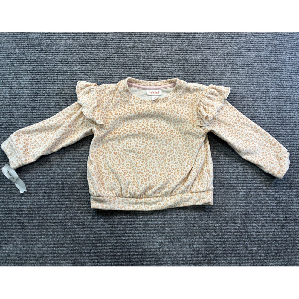Cat & Jack Toddler Girl Velour Leopard Print Ruffle Sweatshirt Tan Cream Pink 2T